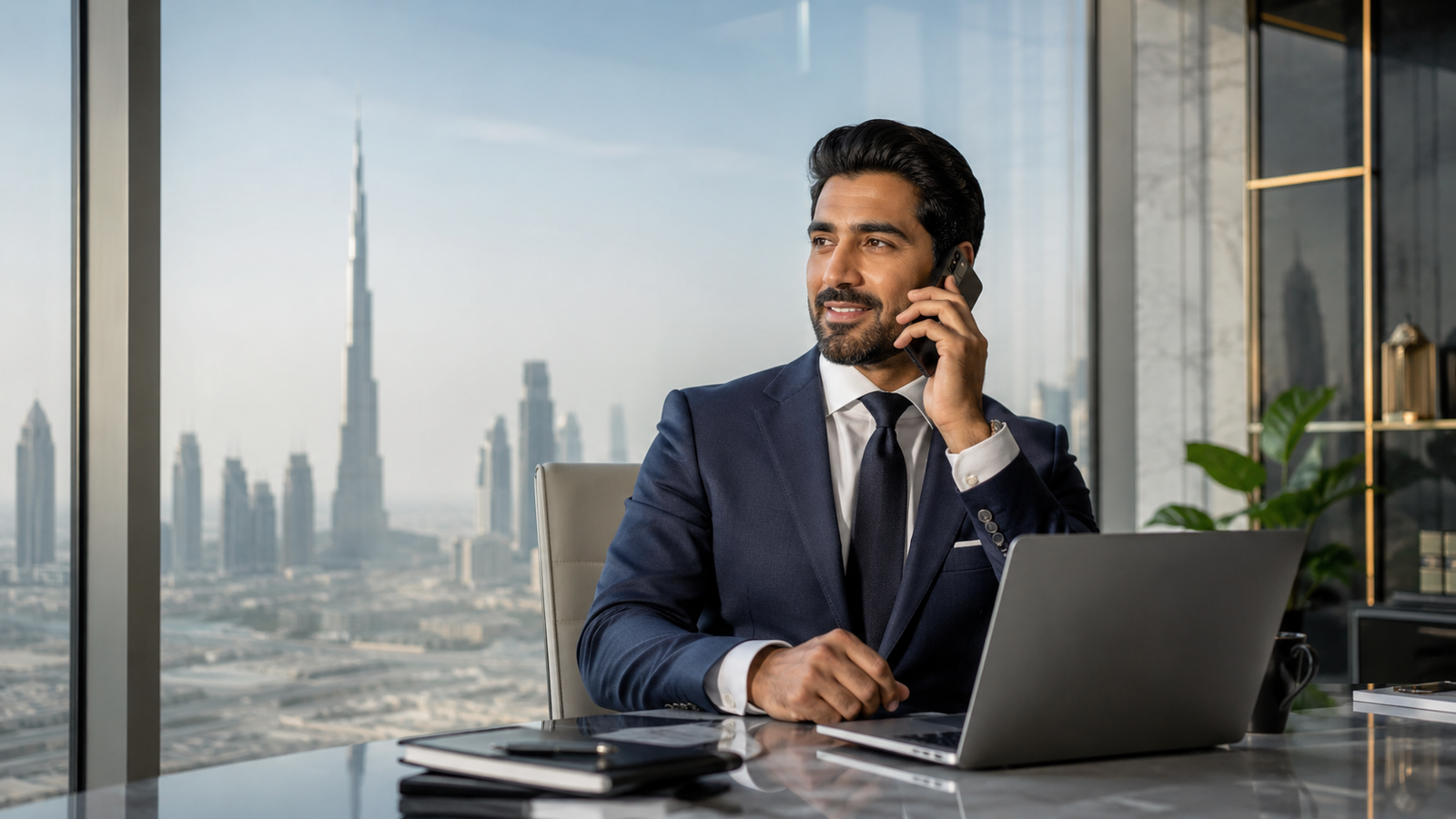 Executive using a business mobile line from a Dubai office