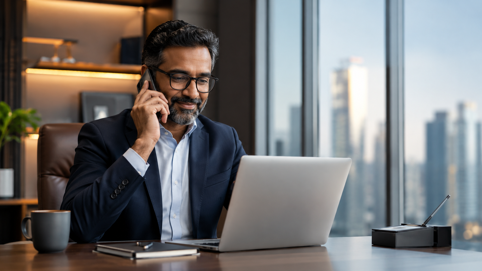 Business manager using a company mobile line in an office