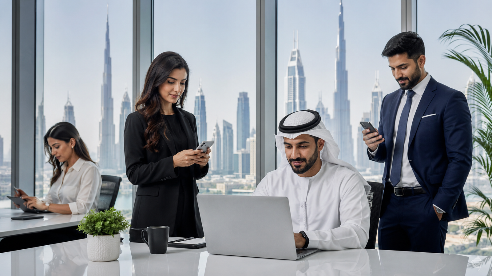 Office team using business mobile lines