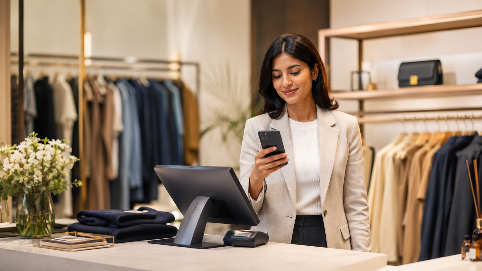 Retail employee using a business mobile line in a shop