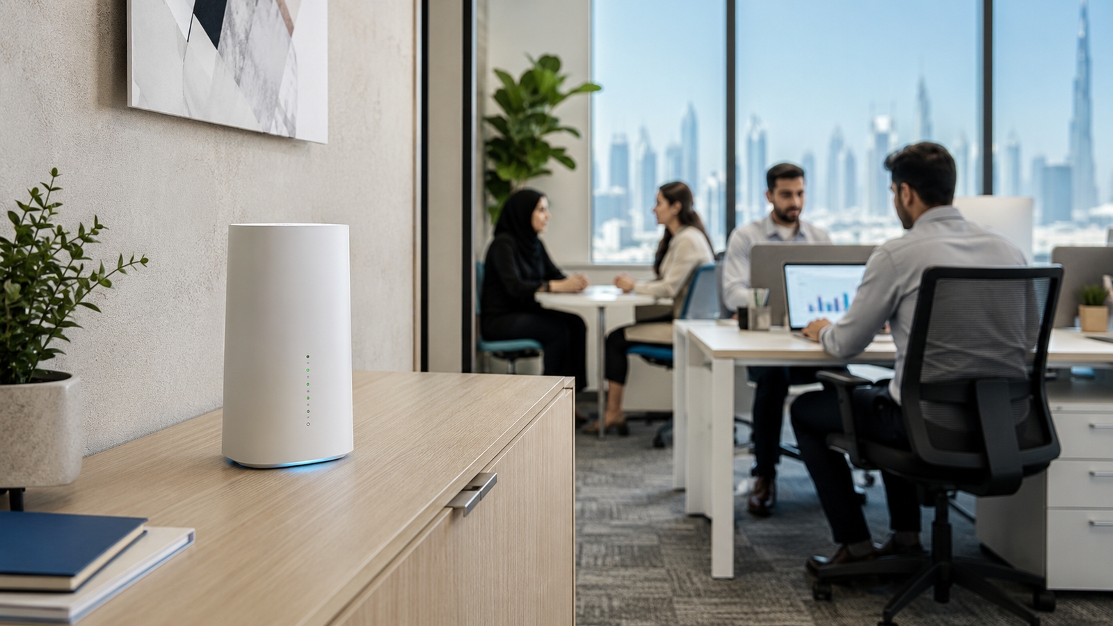 Small office using business wireless internet with compact white router