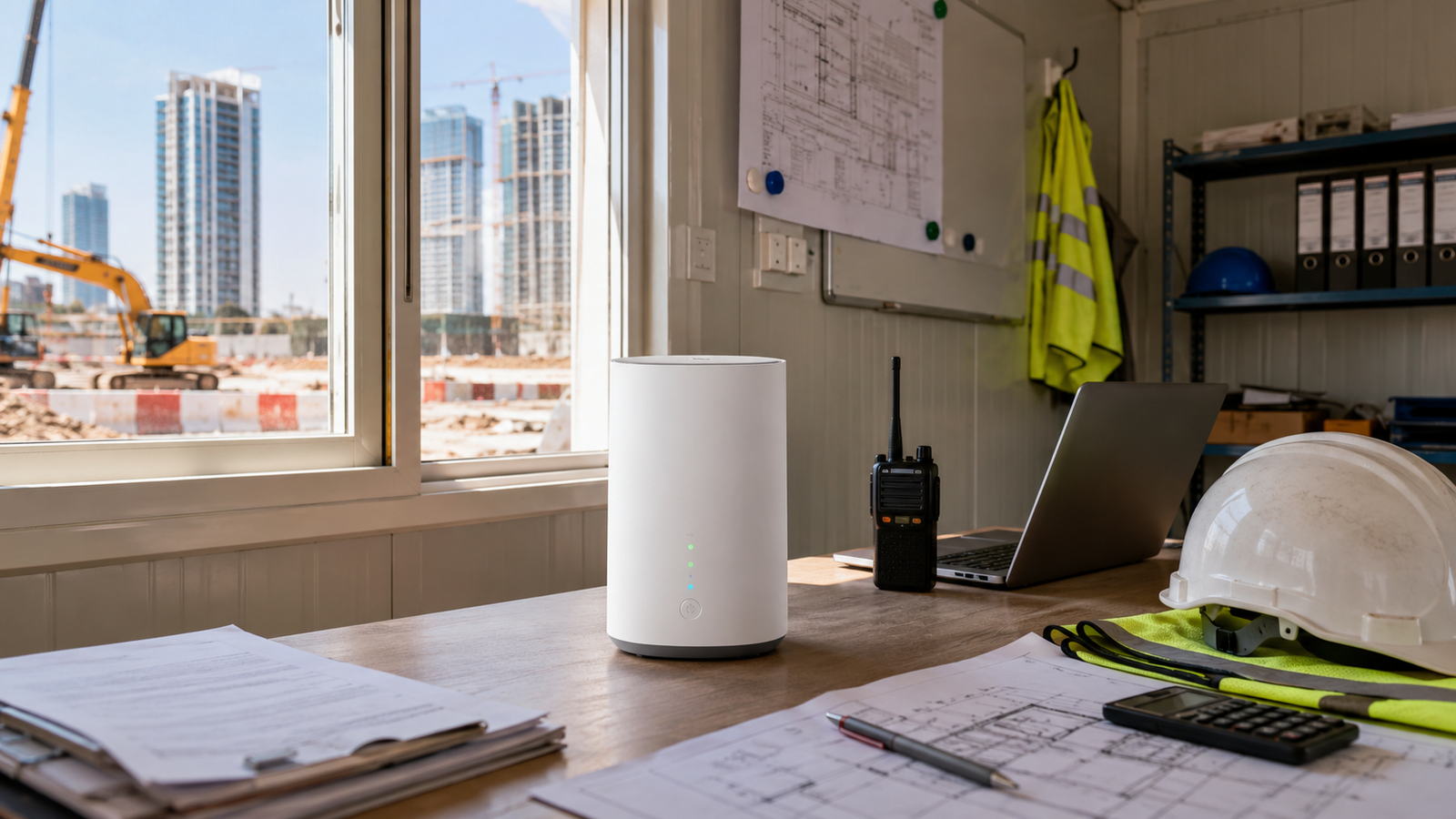 Construction site office with business wireless router
