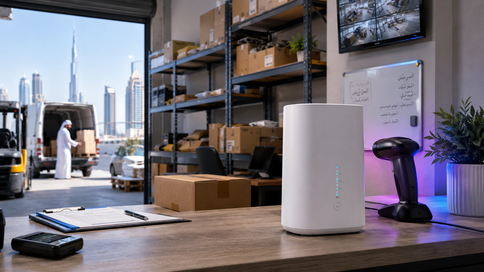 Warehouse desk using business wireless router